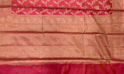 Faishana Presents Pink Art Silk Golden Floral Zari Jaal with Banarasi Floral Zari Border with Pink Blouse