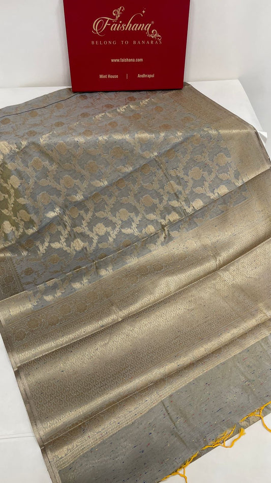 Faishana Presents Grey Art Silk Golden Floral Zari Jaal with Banarasi Floral Zari Border with Grey Blouse