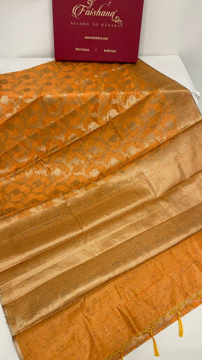 Faishana Presents Gold Art Silk Golden Floral Zari Jaal with Banarasi Floral Zari Border with Gold Blouse