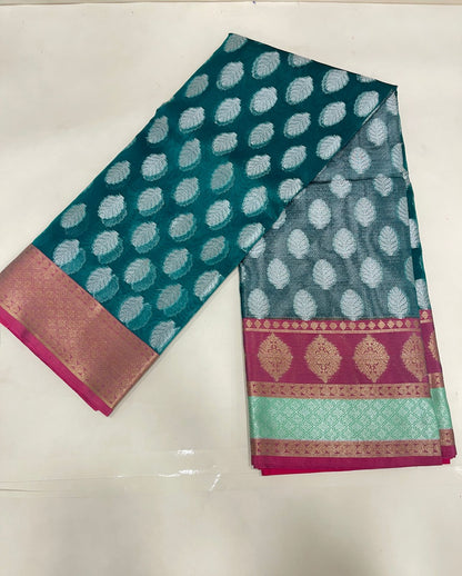 Faishana Presents Green Organza Silver Zari Floral Booti with Contrast Light Purple Floral Booti Pallu and Skirt Zari 2D Border with Light Purple Blouse