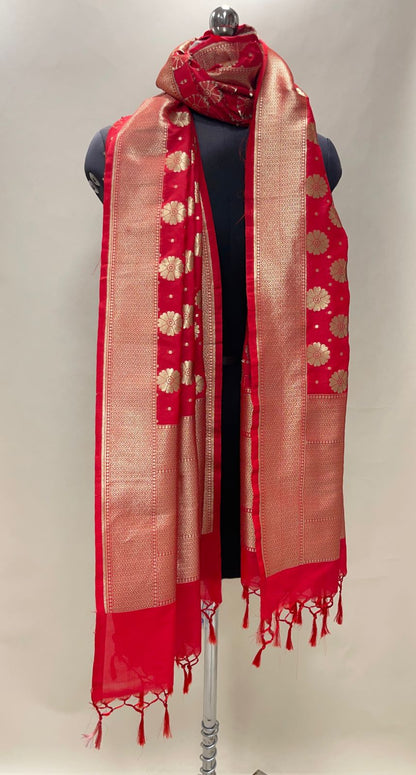 Faishana Presents Red Semi Katan Silk Floral Golden Zari Booti Banarasi Dupatta