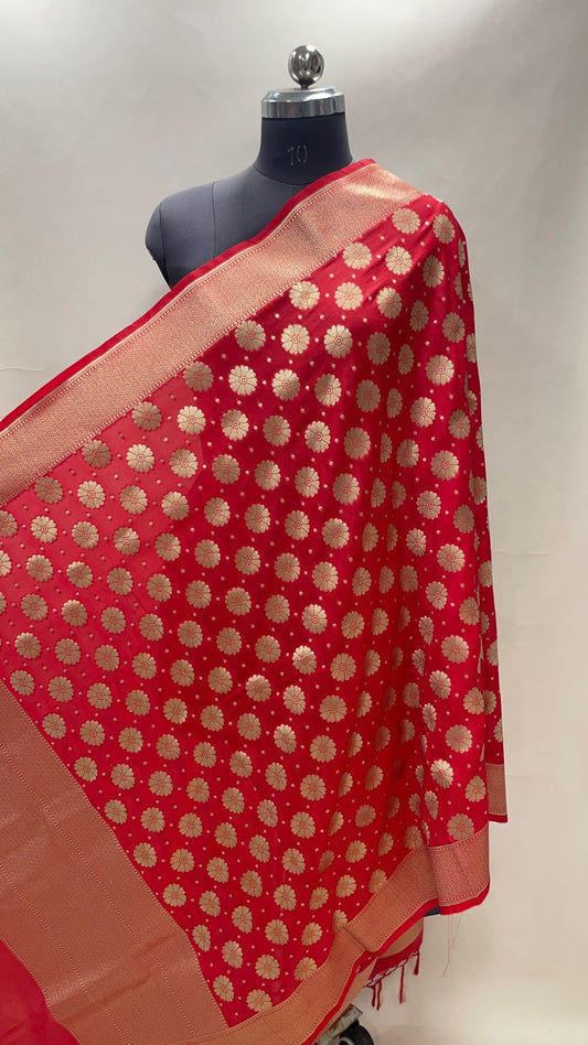 Faishana Presents Red Semi Katan Silk Floral Golden Zari Booti Banarasi Dupatta