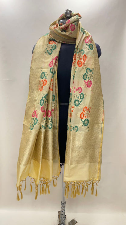 Faishana Presents Off-White Semi Katan Silk Floral Mina Zari Jaal With Banarasi Zari Border Banarasi Dupatta
