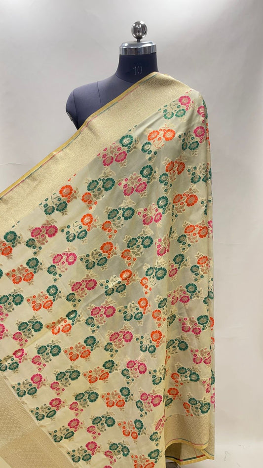 Faishana Presents Off-White Semi Katan Silk Floral Mina Zari Jaal With Banarasi Zari Border Banarasi Dupatta