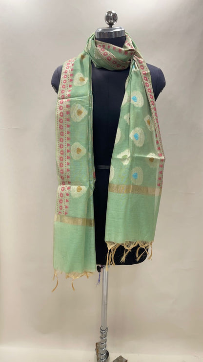 Faishana Presents Pista Green Cotton Zari Mina Boota With Pink Minakari Border Banarasi Dupatta