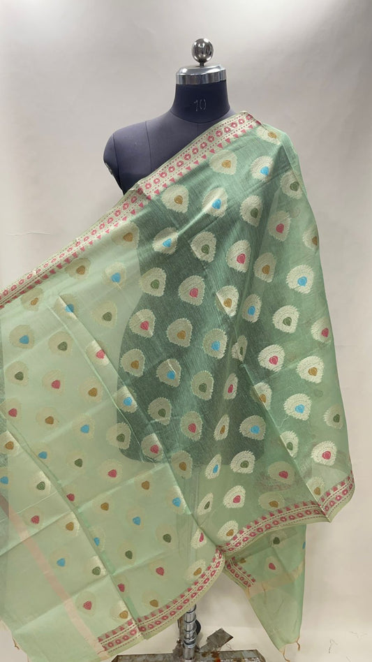 Faishana Presents Pista Green Cotton Zari Mina Boota With Pink Minakari Border Banarasi Dupatta