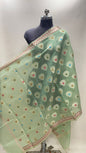 Faishana Presents Pista Green Cotton Zari Mina Boota With Pink Minakari Border Banarasi Dupatta