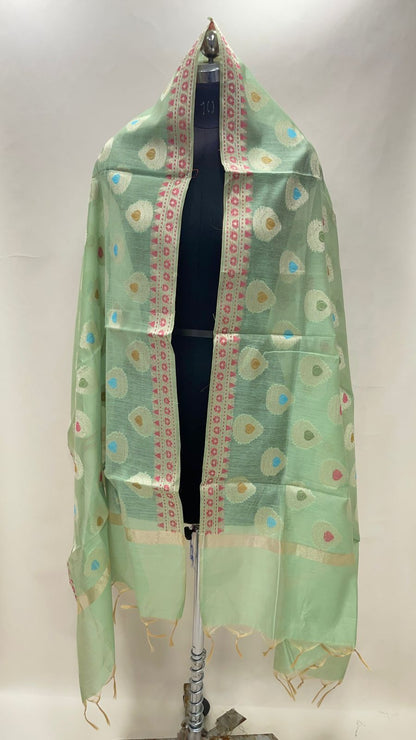 Faishana Presents Pista Green Cotton Zari Mina Boota With Pink Minakari Border Banarasi Dupatta