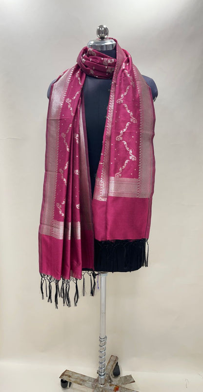 Faishana Presents Magenta Nakli Semi Katan Silk Silver Zari Banarasi Dupatta
