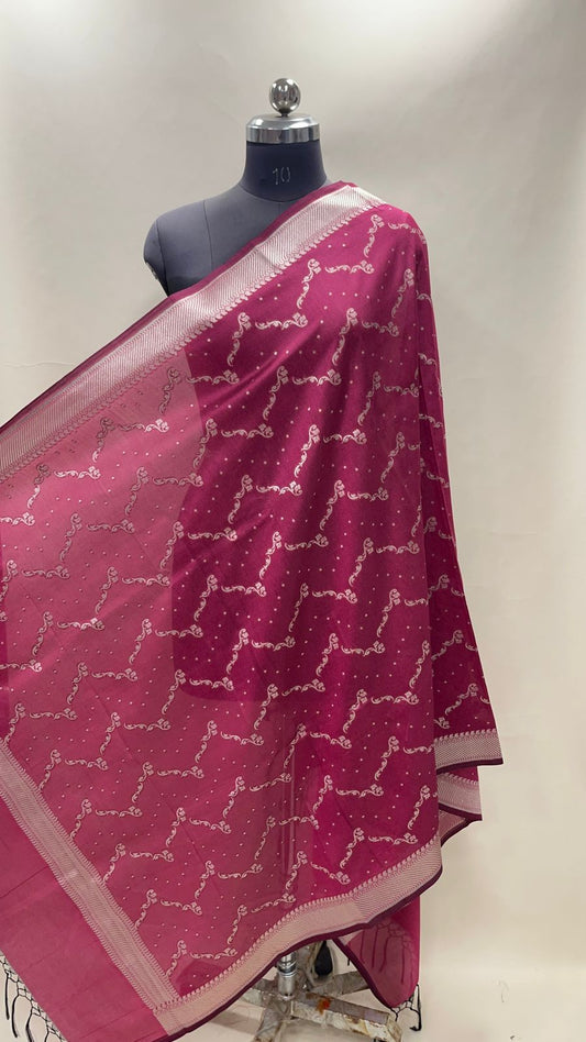 Faishana Presents Magenta Nakli Semi Katan Silk Silver Zari Banarasi Dupatta