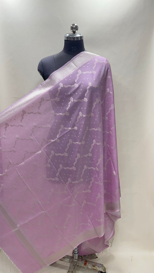 Faishana Present Light Purple Nakli Semi Katan Silk Silver Zari Zig Zag Stripe Zari Border Banarasi Dupatta