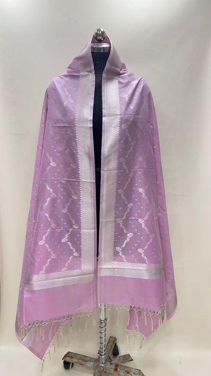 Faishana Present Light Purple Nakli Semi Katan Silk Silver Zari Zig Zag Stripe Zari Border Banarasi Dupatta