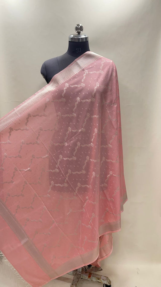 Faishana Present Peach Nakli Semi Katan Silk Silver Zari Zig Zag Stripe Zari Border Banarasi Dupatta