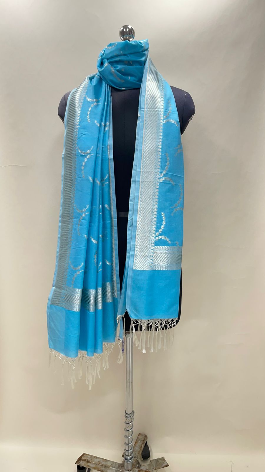 Faishana Presents Sky Blue Nakli Semi Katan Silk Silver Zari Banarasi Dupatta