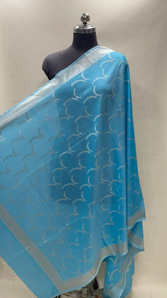 Faishana Presents Sky Blue Nakli Semi Katan Silk Silver Zari Banarasi Dupatta