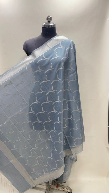 Faishana Presents Grey Nakli Semi Katan Silk Silver Zari Banarasi Dupatta