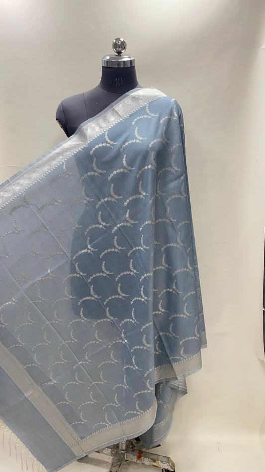 Faishana Presents Grey Nakli Semi Katan Silk Silver Zari Banarasi Dupatta