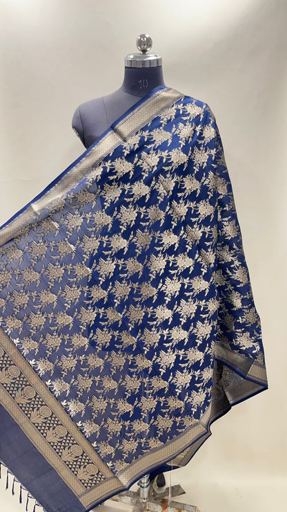 Faishana Presents Navy Blue Nakli Katan Floral Zari Boota Jaal Banarasi Dupatta