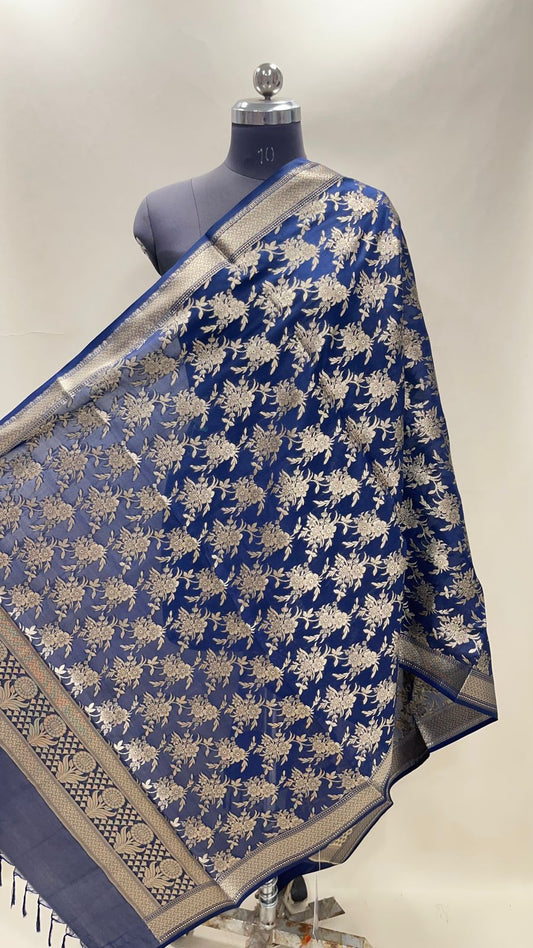 Faishana Presents Navy Blue Nakli Katan Floral Zari Boota Jaal Banarasi Dupatta