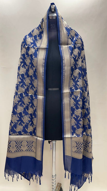 Faishana Presents Navy Blue Nakli Katan Floral Zari Boota Jaal Banarasi Dupatta