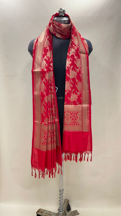 Faishana Presents Red Semi Katan Silk Floral Zari Boota Jaal Banarasi Dupatta