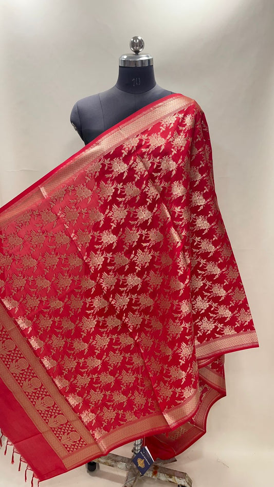 Faishana Presents Red Semi Katan Silk Floral Zari Boota Jaal Banarasi Dupatta