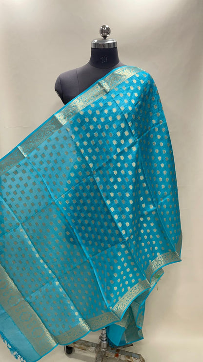 Faishana Presents Sky Blue Semi Katan Silk Golden Zari Floral Booti Banarasi Zari Border Banarasi Dupatta