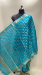 Faishana Presents Sky Blue Semi Katan Silk Golden Zari Floral Booti Banarasi Zari Border Banarasi Dupatta