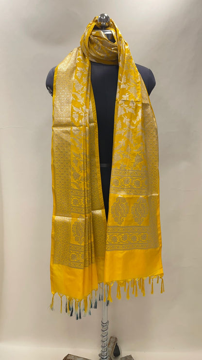 Faishana Presents Yellow Semi Katan Silk Tilfi Zari Floral Jaal Banarasi Dupatta