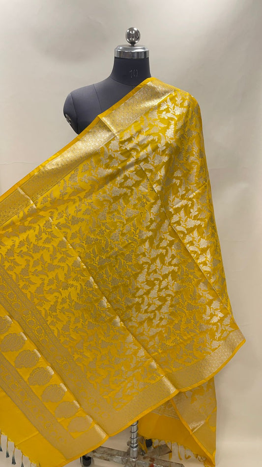 Faishana Presents Yellow Semi Katan Silk Tilfi Zari Floral Jaal Banarasi Dupatta