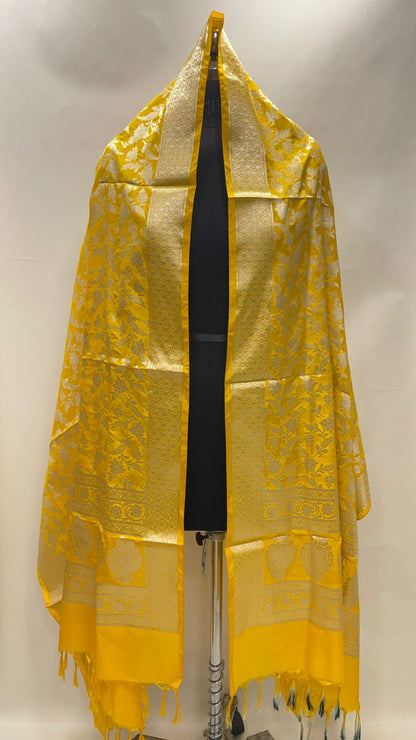 Faishana Presents Yellow Semi Katan Silk Tilfi Zari Floral Jaal Banarasi Dupatta
