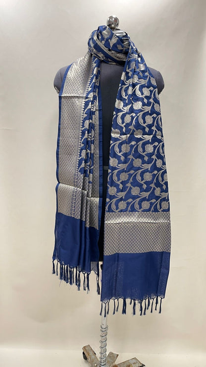 Faishana Presents Navy Blue Nakli Katan Silk Floral Zari Jaal Banarasi Dupatta