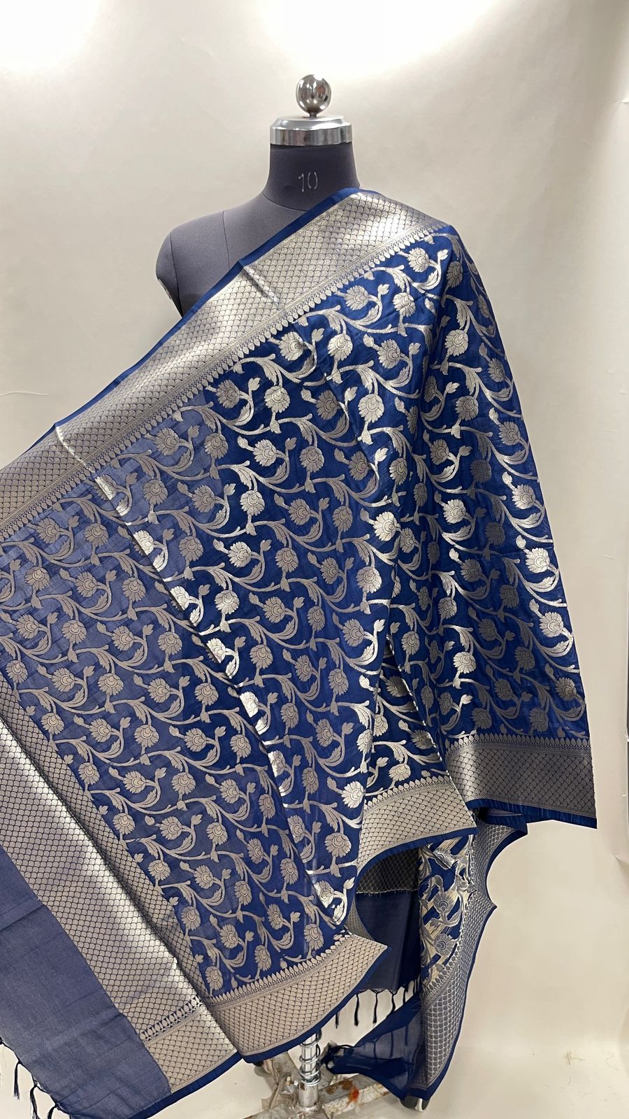 Faishana Presents Navy Blue Nakli Katan Silk Floral Zari Jaal Banarasi Dupatta