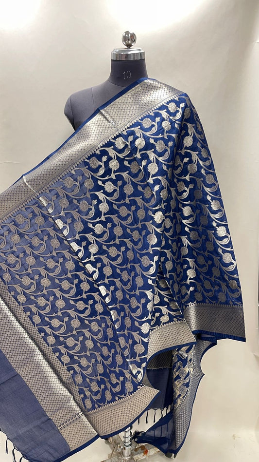 Faishana Presents Navy Blue Nakli Katan Silk Floral Zari Jaal Banarasi Dupatta