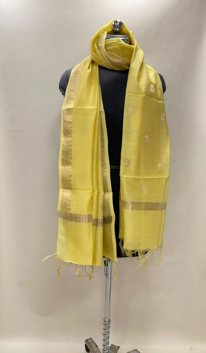 Faishana Presents Yellow Cotton Golden Zari Booti Banarasi Dupatta