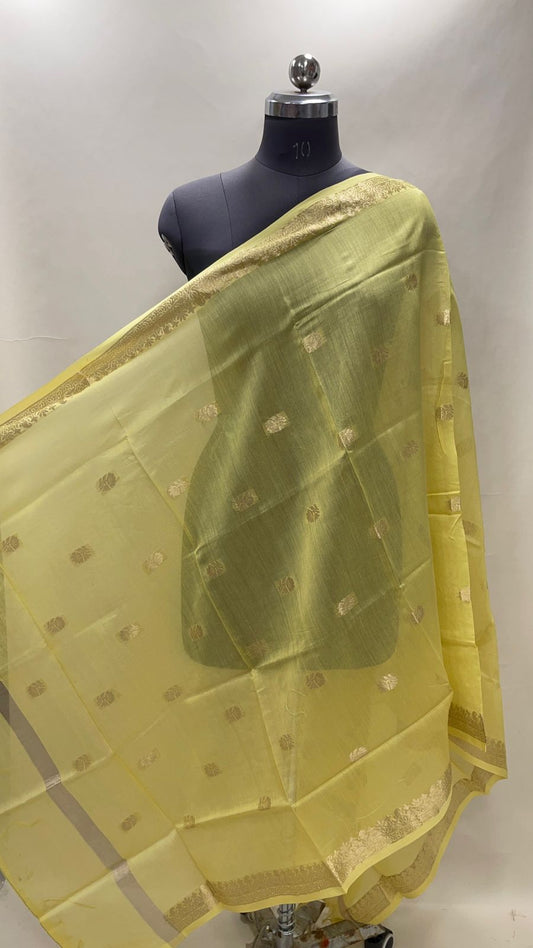 Faishana Presents Yellow Cotton Golden Zari Booti Banarasi Dupatta