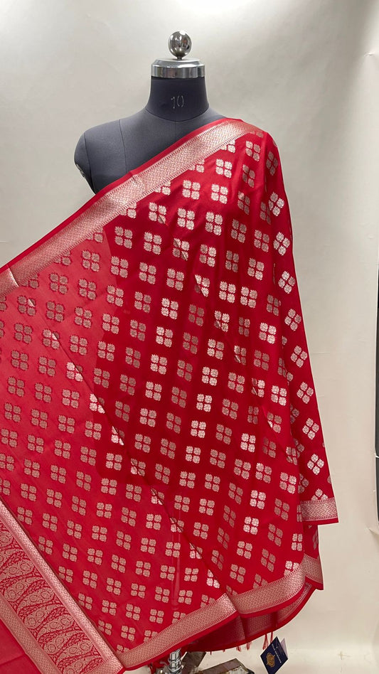 Faishana Presents Red Semi Katan Silk Floral Zari Booti Paisley Anchal Banarasi Dupatta
