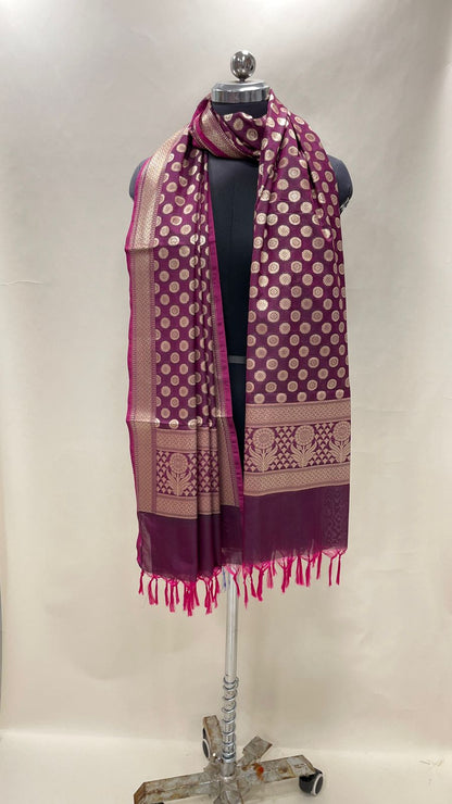 Faishana Presents Semi Katan Silk Purple Alfi Zari Booti Floral Anchal Banarasi Dupatta