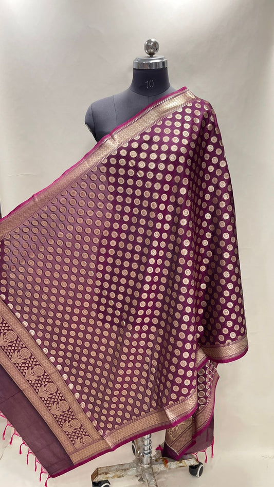 Faishana Presents Semi Katan Silk Purple Alfi Zari Booti Floral Anchal Banarasi Dupatta