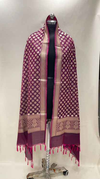 Faishana Presents Semi Katan Silk Purple Alfi Zari Booti Floral Anchal Banarasi Dupatta