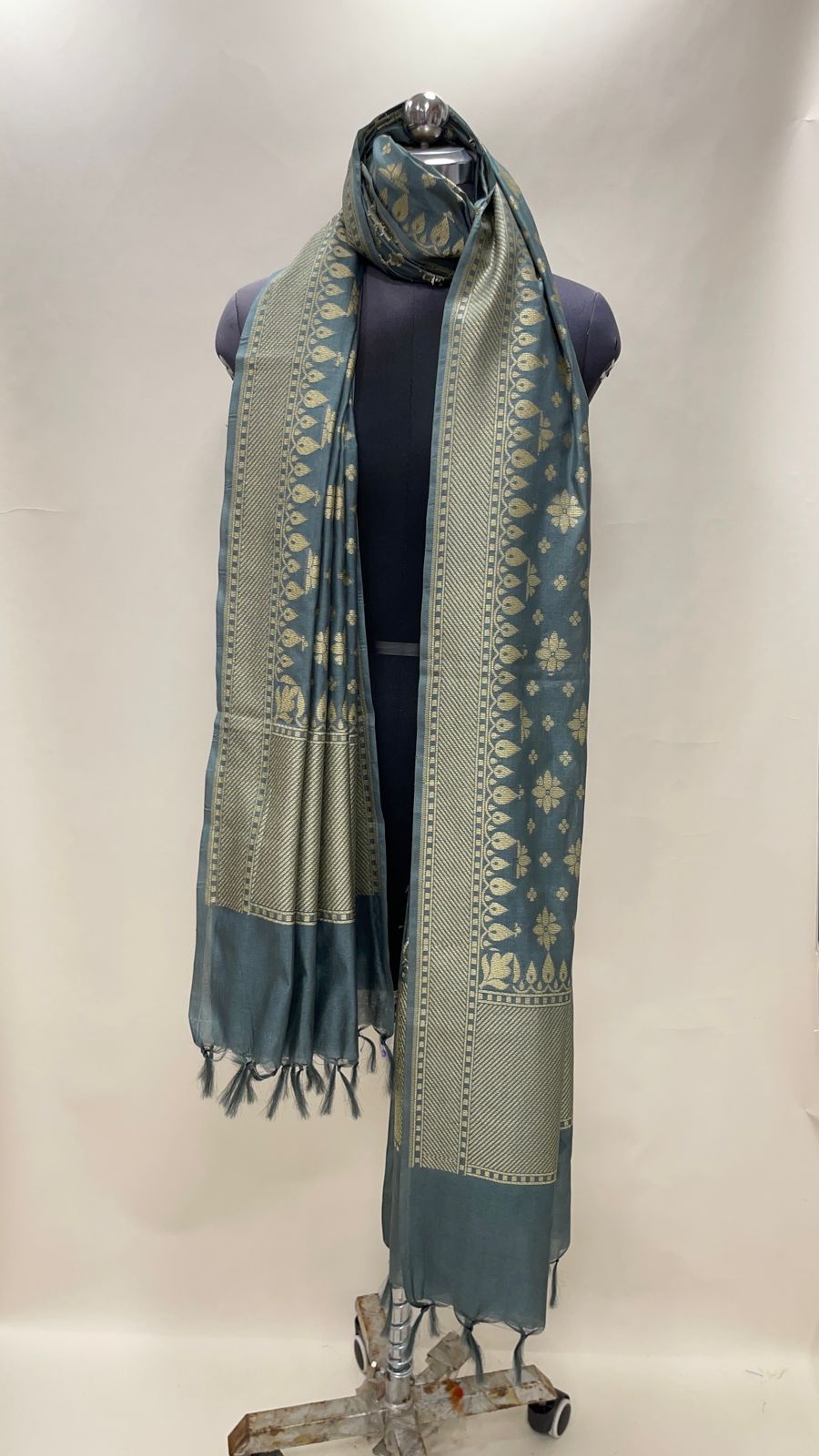 Faishana Presents Grey Semi Katan Silk Golden Zari Chunri Boota Banarasi Dupatta