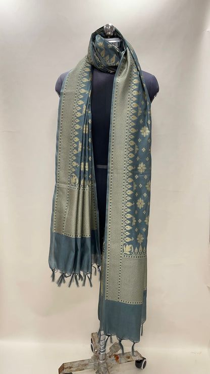 Faishana Presents Grey Semi Katan Silk Golden Zari Chunri Boota Banarasi Dupatta