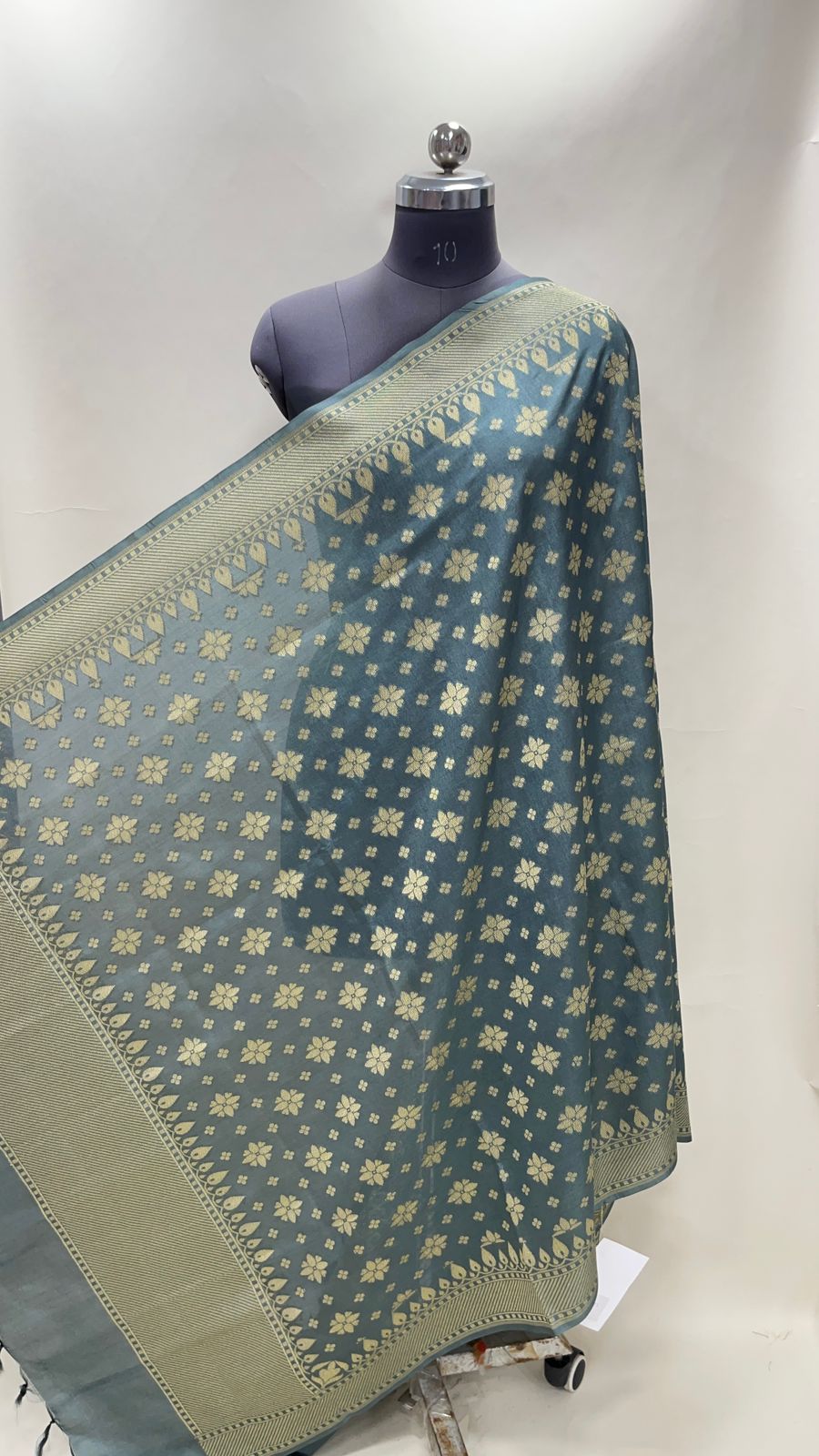 Faishana Presents Grey Semi Katan Silk Golden Zari Chunri Boota Banarasi Dupatta