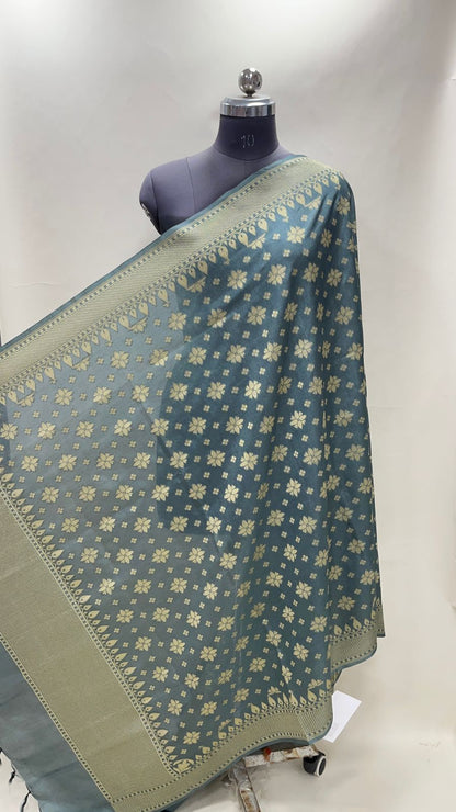 Faishana Presents Grey Semi Katan Silk Golden Zari Chunri Boota Banarasi Dupatta