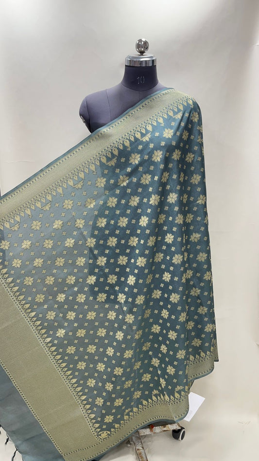 Faishana Presents Grey Semi Katan Silk Golden Zari Chunri Boota Banarasi Dupatta