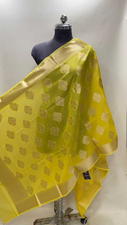 Faishana Presents Yellow Cotton Floral Zari Boota Banarasi Zari Border Dupatta