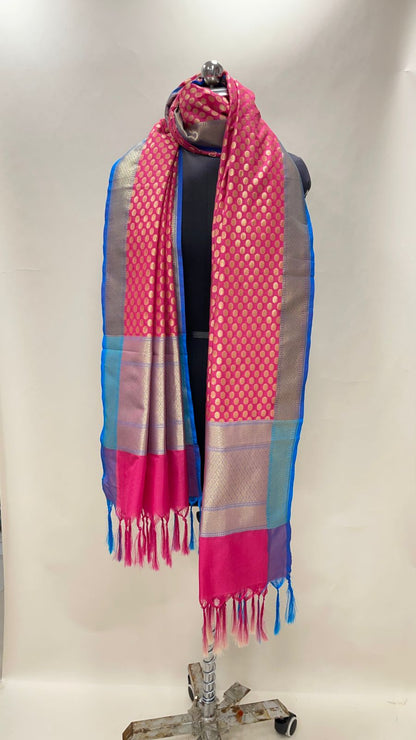 Faishana Presents Pink Semi Katan Silk Alfi Zari Booti With Contrast Blue Zari Border Banarasi Dupatta