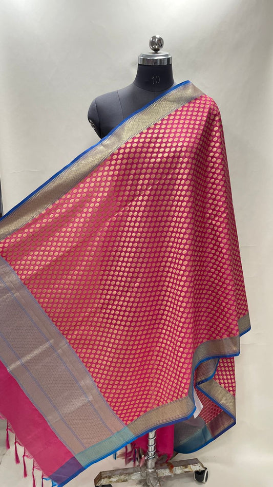 Faishana Presents Pink Semi Katan Silk Alfi Zari Booti With Contrast Blue Zari Border Banarasi Dupatta