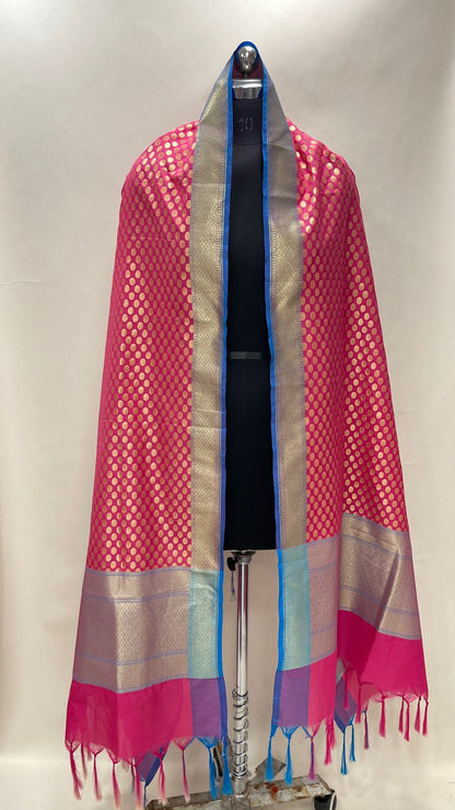 Faishana Presents Pink Semi Katan Silk Alfi Zari Booti With Contrast Blue Zari Border Banarasi Dupatta