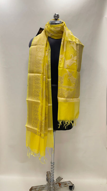 Faishana Presents Yellow Cotton Floral Golden Zari Paisley Boota Jaal Banarasi Dupatta